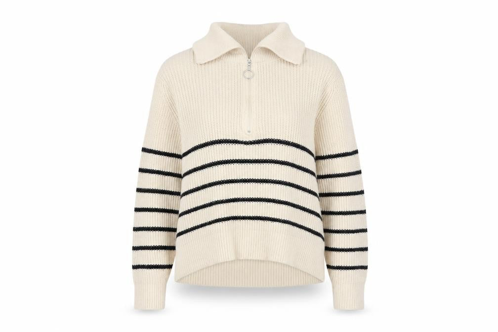 Pull&Bear Women Beige Striped Collared Half Zip Chunky Knit Jumper S