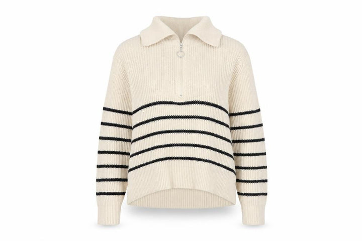 Pull&Bear Women Beige Striped Collared Half Zip Chunky Knit Jumper S