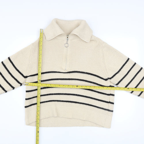 Pull&Bear Women Beige Striped Collared Half Zip Chunky Knit Jumper S