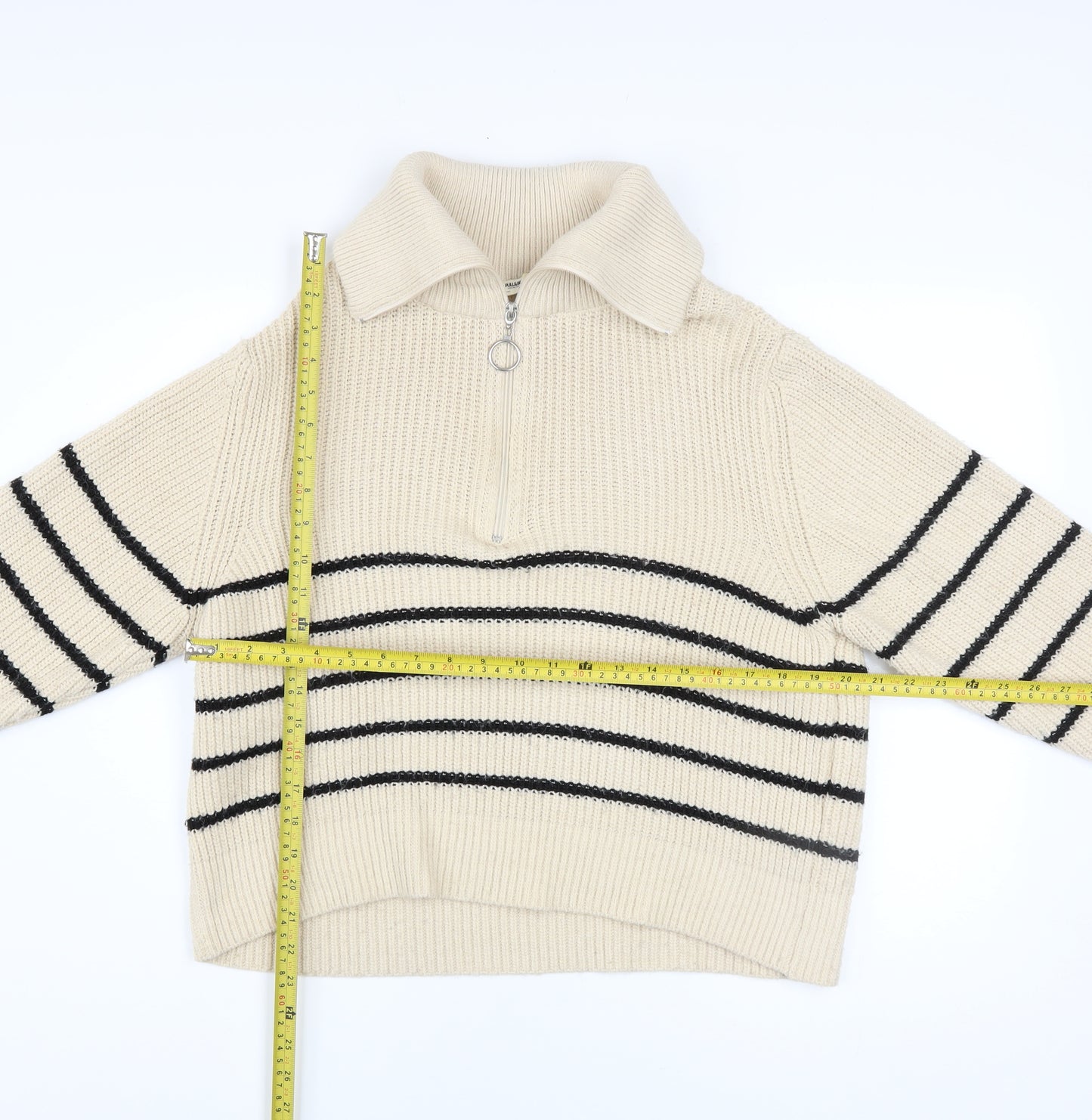 Pull&Bear Women Beige Striped Collared Half Zip Chunky Knit Jumper S