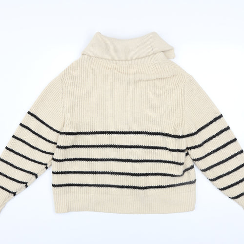 Pull&Bear Women Beige Striped Collared Half Zip Chunky Knit Jumper S
