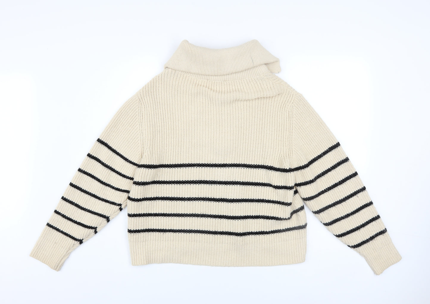 Pull&Bear Women Beige Striped Collared Half Zip Chunky Knit Jumper S
