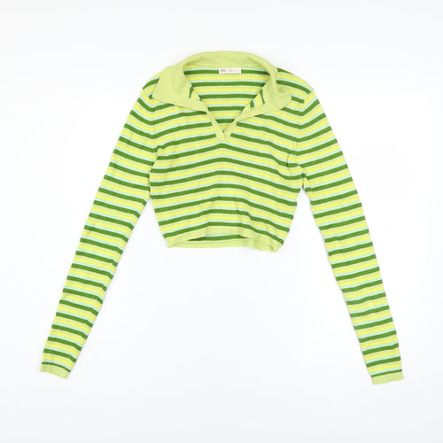 STR Women’s Green Striped Collared Cropped Knit Top Size 12