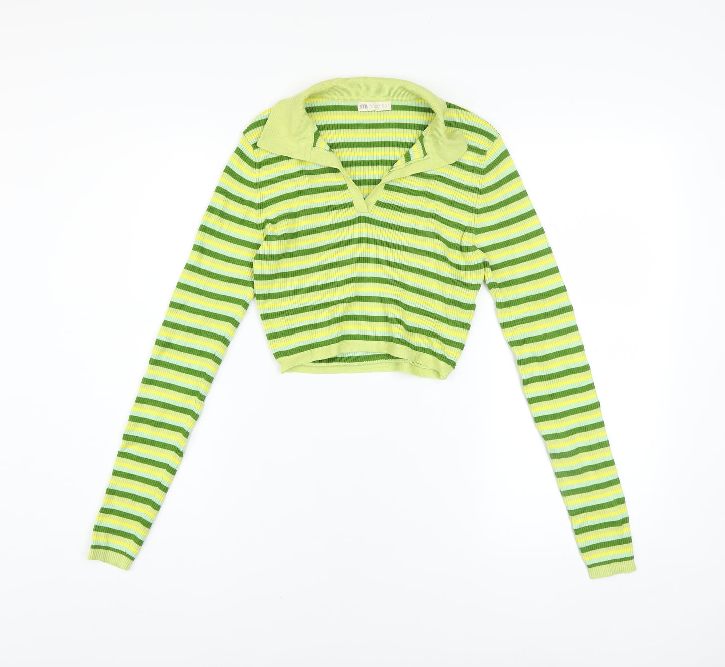 STR Women’s Green Striped Collared Cropped Knit Top Size 12