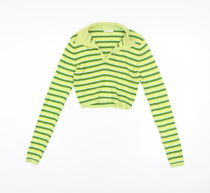 STR Women’s Green Striped Collared Cropped Knit Top Size 12