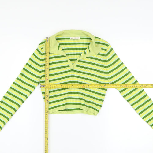 STR Women’s Green Striped Collared Cropped Knit Top Size 12