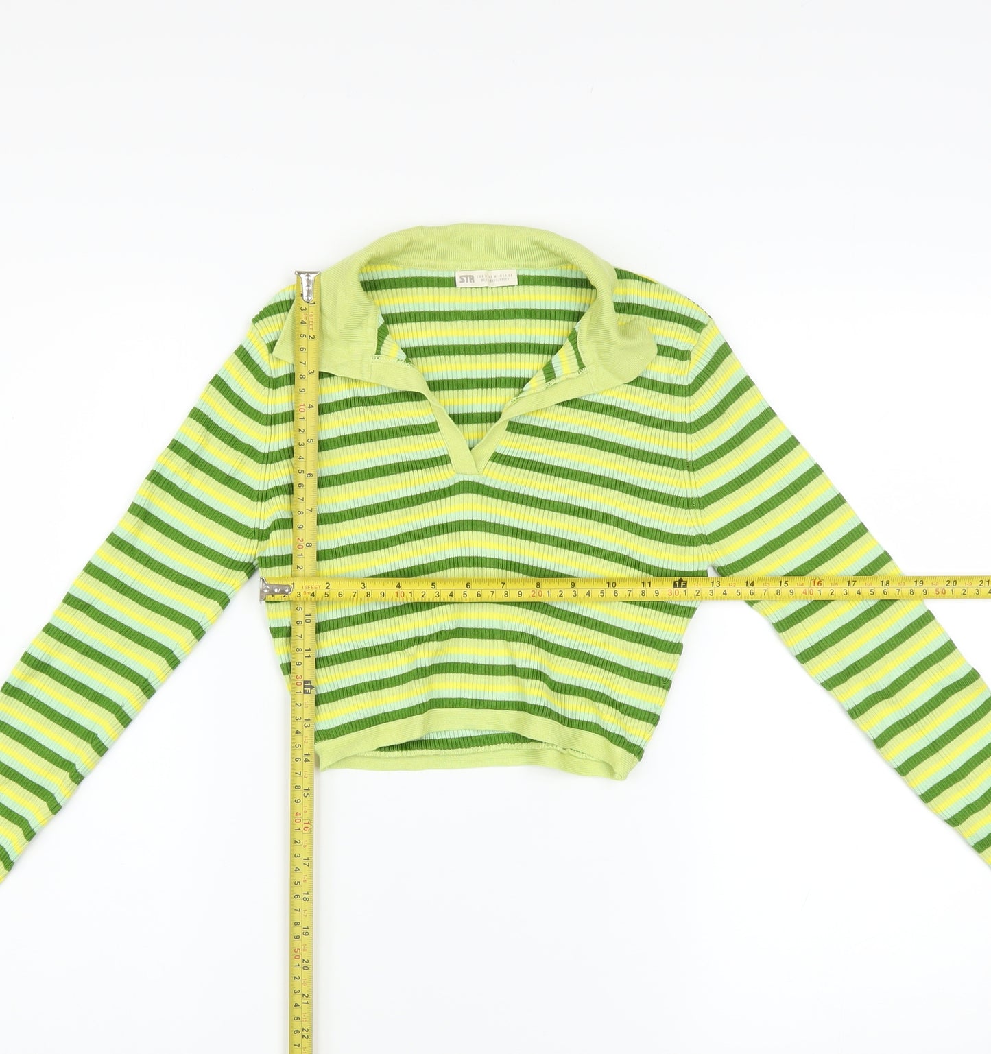 STR Women’s Green Striped Collared Cropped Knit Top Size 12