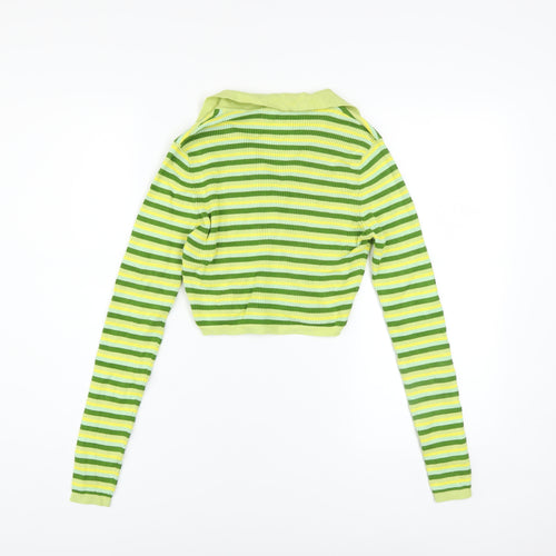 STR Women’s Green Striped Collared Cropped Knit Top Size 12
