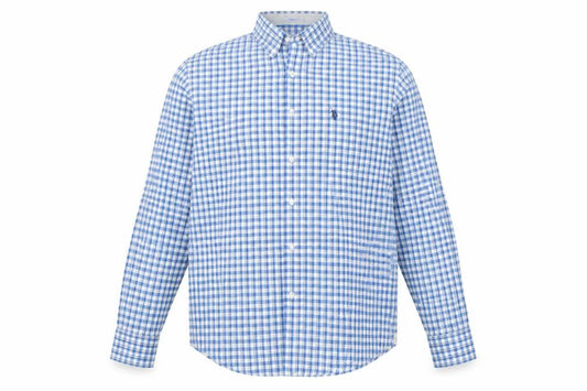 Front view of U.S. Polo Assn. Men's Blue Check Tailored Fit Cotton Long Sleeve Shirt XL