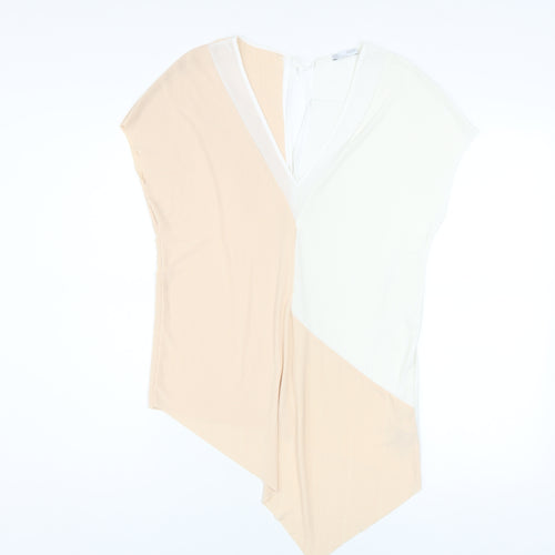 Zara Women Beige White Colourblock V-Neck Tunic Blouse Size M