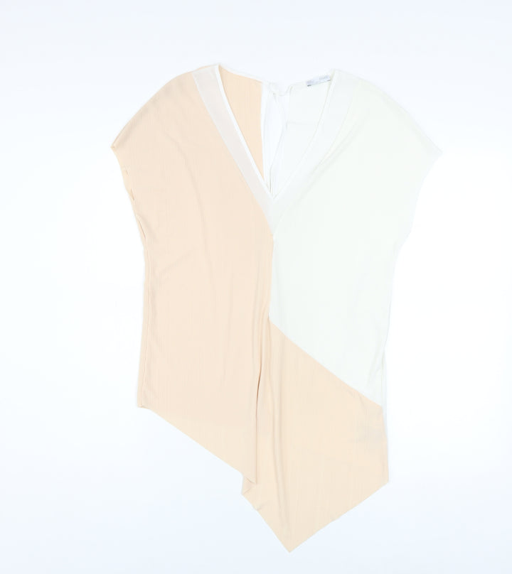 Zara Women Beige White Colourblock V-Neck Tunic Blouse Size M