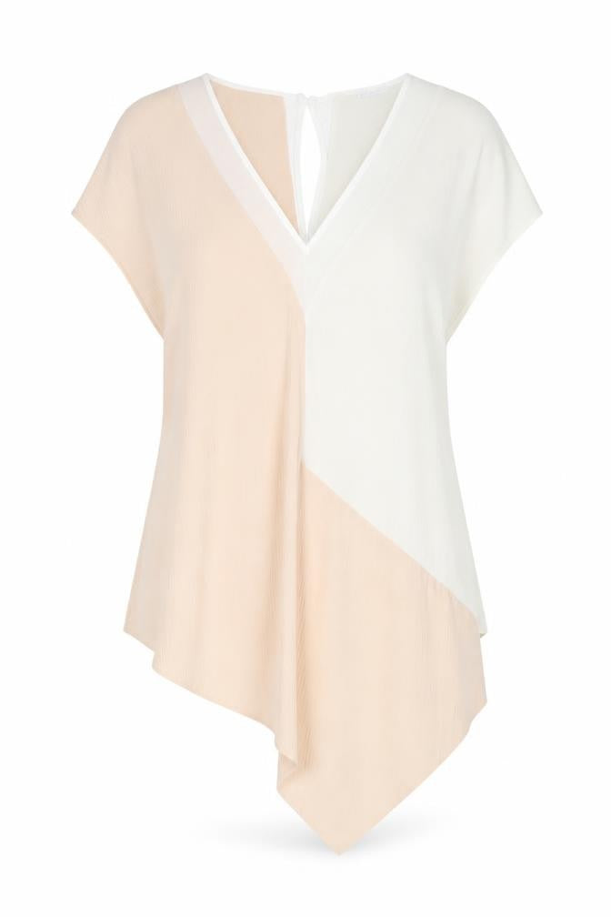 Zara Women Beige White Colourblock V-Neck Tunic Blouse Size M
