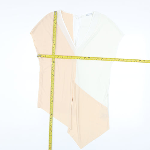 Zara Women Beige White Colourblock V-Neck Tunic Blouse Size M