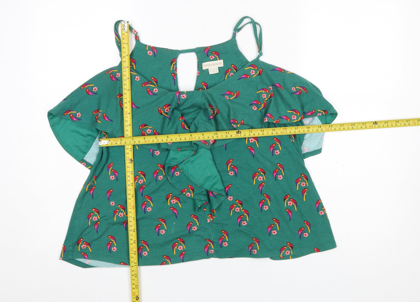 Monsoon Women's Green Parrot Print Ruffle Camisole Top Size 18