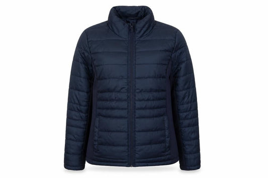 Front view of Janina women’s blue puffer jacket, size UK 12, quilted mid-length zip coat