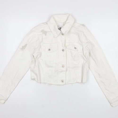 Hollister Womens White Cropped Denim Jacket XS Distressed Frayed Hem