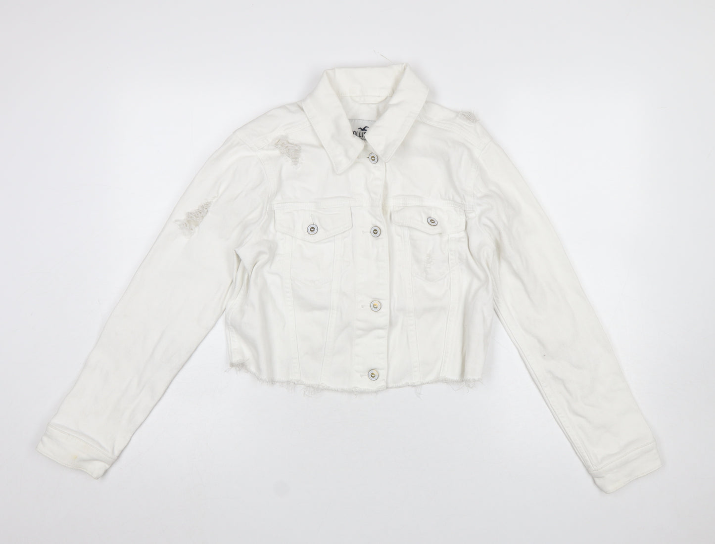 Hollister Womens White Cropped Denim Jacket XS Distressed Frayed Hem