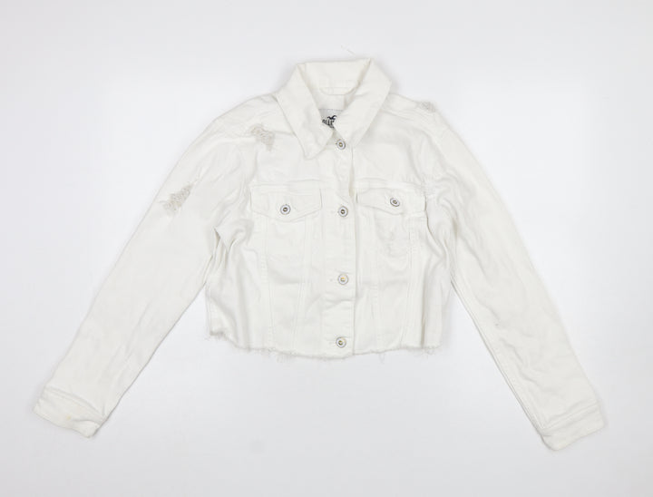 Hollister Womens White Cropped Denim Jacket XS Distressed Frayed Hem
