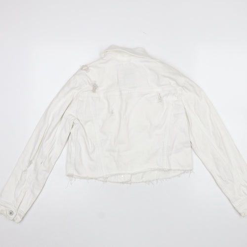Hollister Womens White Cropped Denim Jacket XS Distressed Frayed Hem