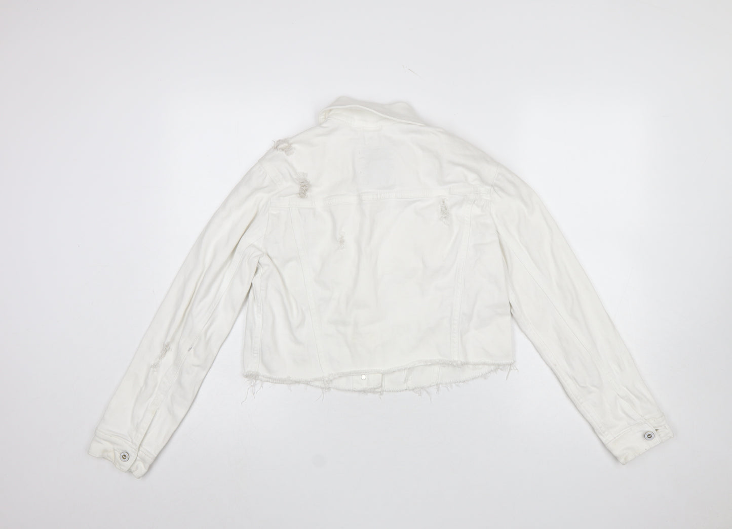 Hollister Womens White Cropped Denim Jacket XS Distressed Frayed Hem