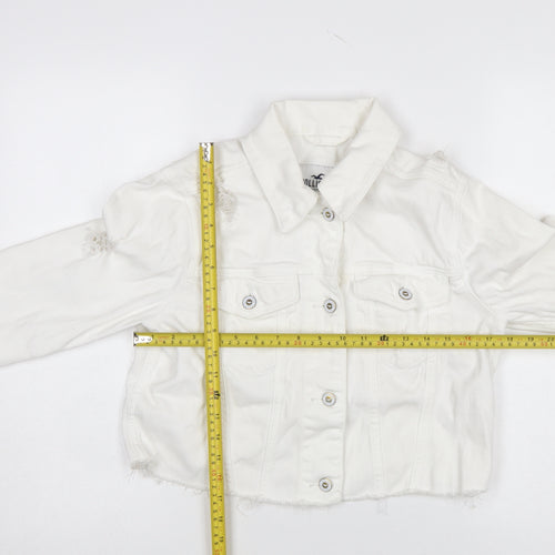 Hollister Womens White Cropped Denim Jacket XS Distressed Frayed Hem