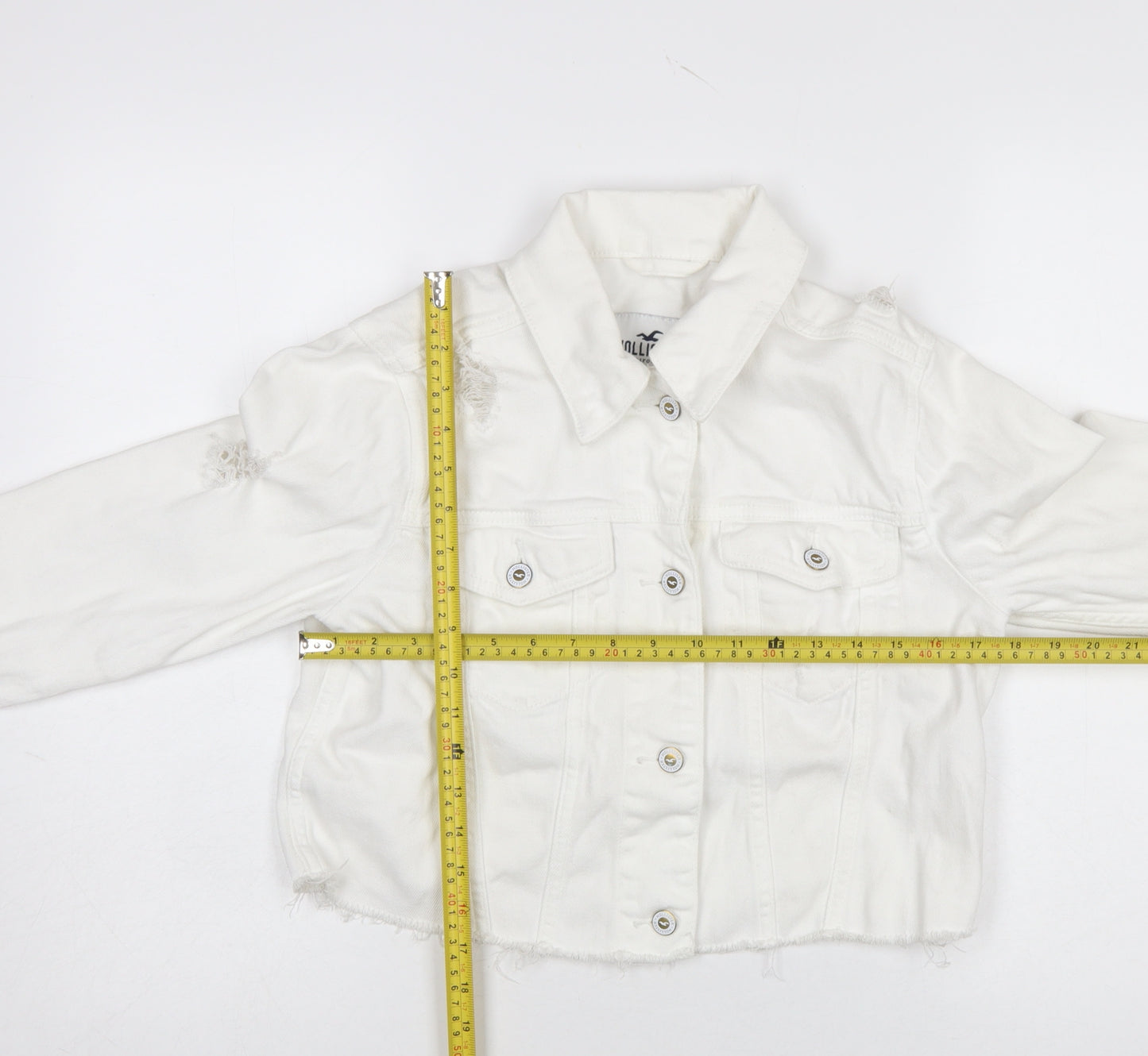 Hollister Womens White Cropped Denim Jacket XS Distressed Frayed Hem