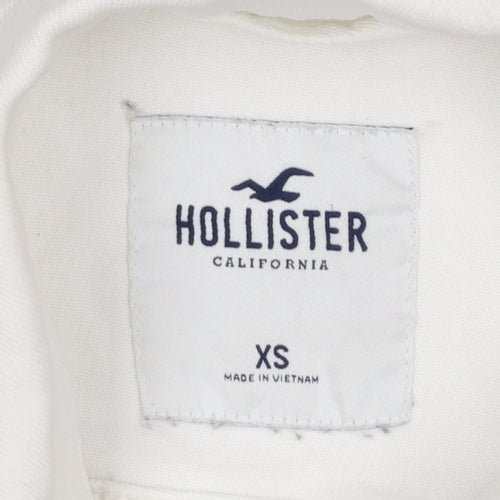 Hollister Womens White Cropped Denim Jacket XS Distressed Frayed Hem