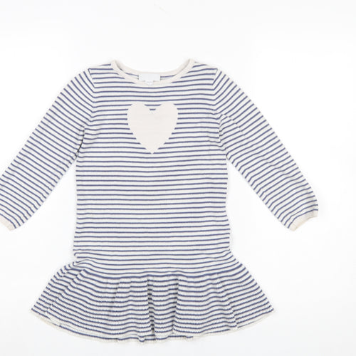 The Little White Company Girls Blue Striped Cotton Skater Dress 4-5 Years