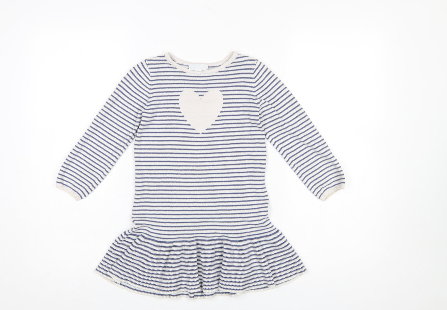 The Little White Company Girls Blue Striped Cotton Skater Dress 4-5 Years