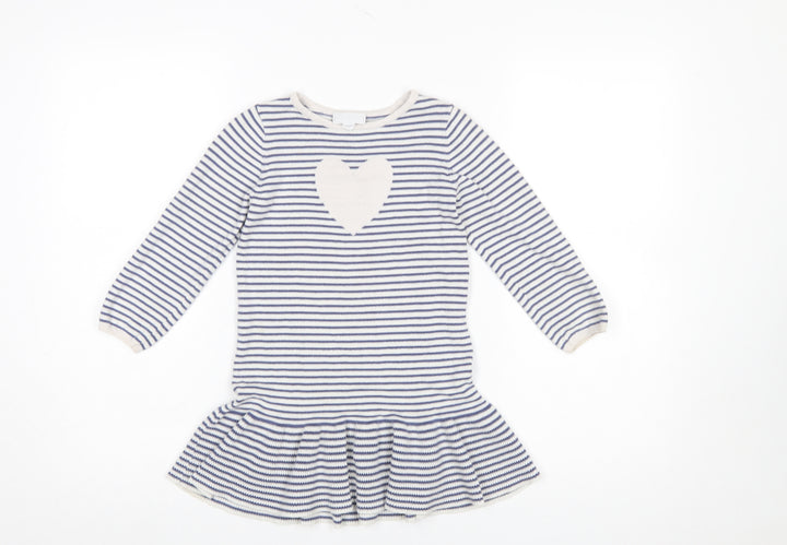 The Little White Company Girls Blue Striped Cotton Skater Dress 4-5 Years