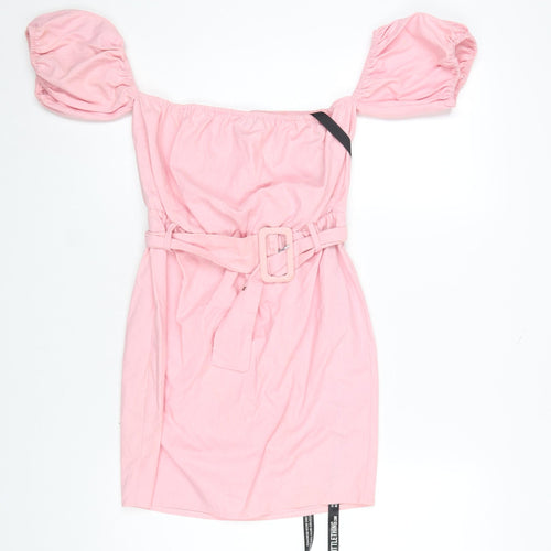 PrettyLittleThing Women’s Pink Off Shoulder Belted Bodycon Dress Size 8