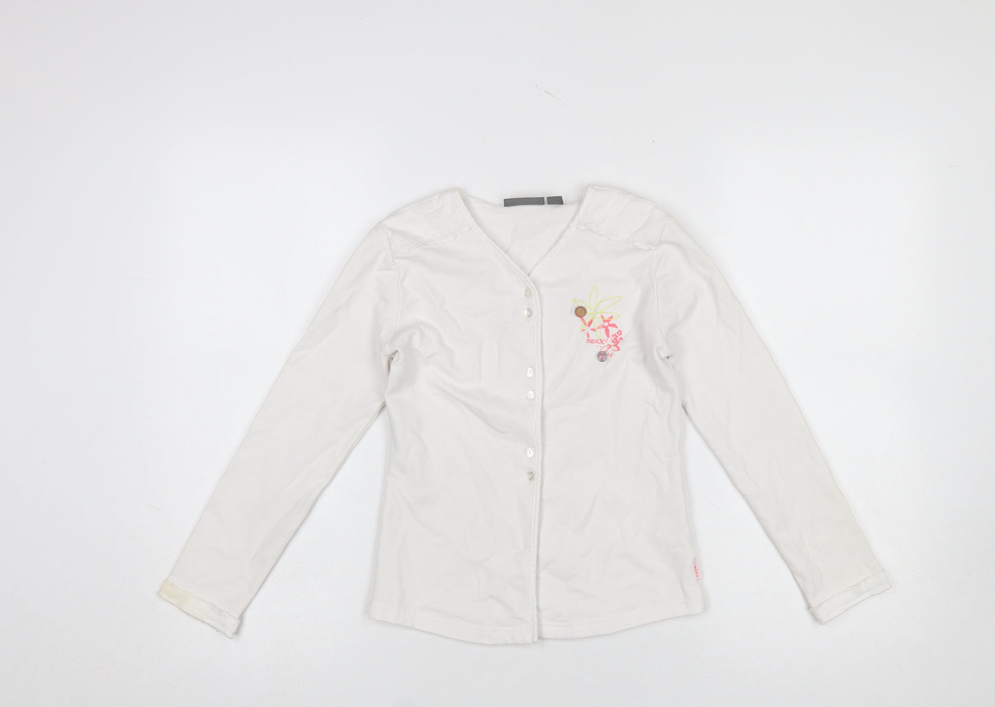 Mexx Girls White Embroidered Button-Up Long Sleeve Cotton Top 9-10 Years