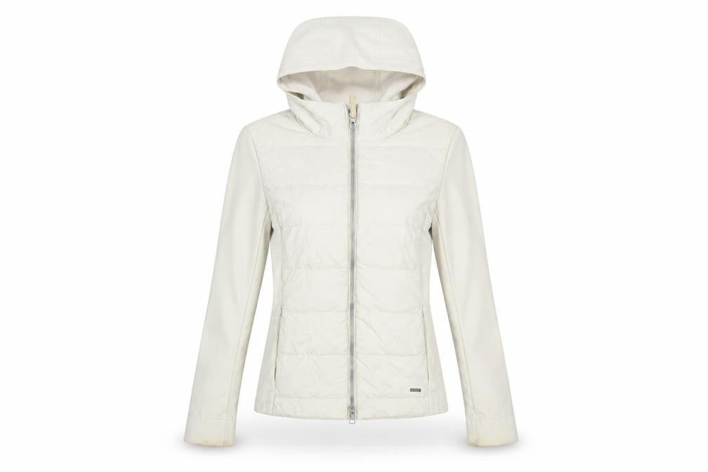 Front view of Woolrich Women’s Ivory Hooded Soft Shell Jacket, size S