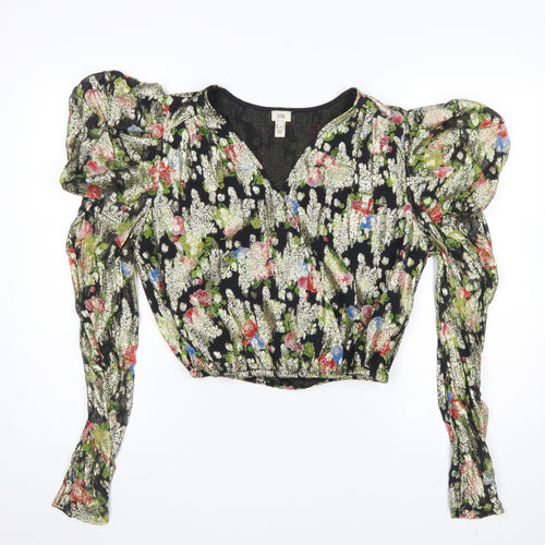 River Island Women's Multicoloured Floral Puff Sleeve Cropped Blouse Size 10