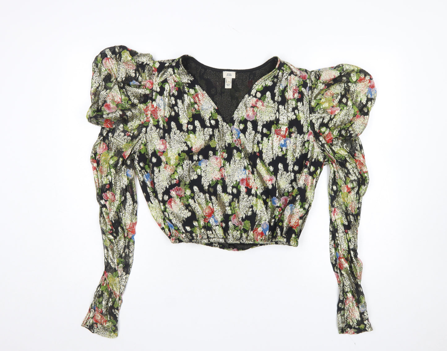 River Island Women's Multicoloured Floral Puff Sleeve Cropped Blouse Size 10