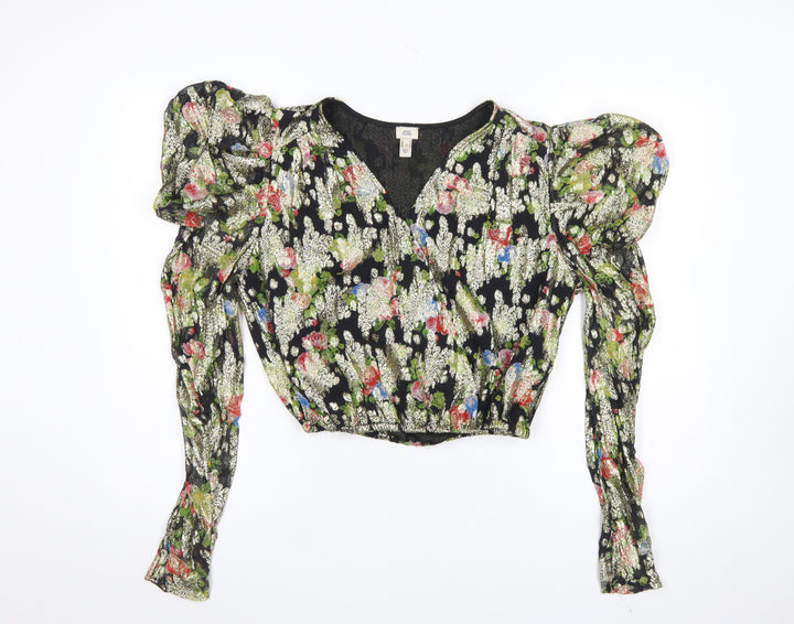 River Island Women's Multicoloured Floral Puff Sleeve Cropped Blouse Size 10