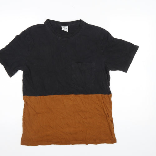 ZARA Men's Black Brown Colourblock Cotton T-Shirt Size L