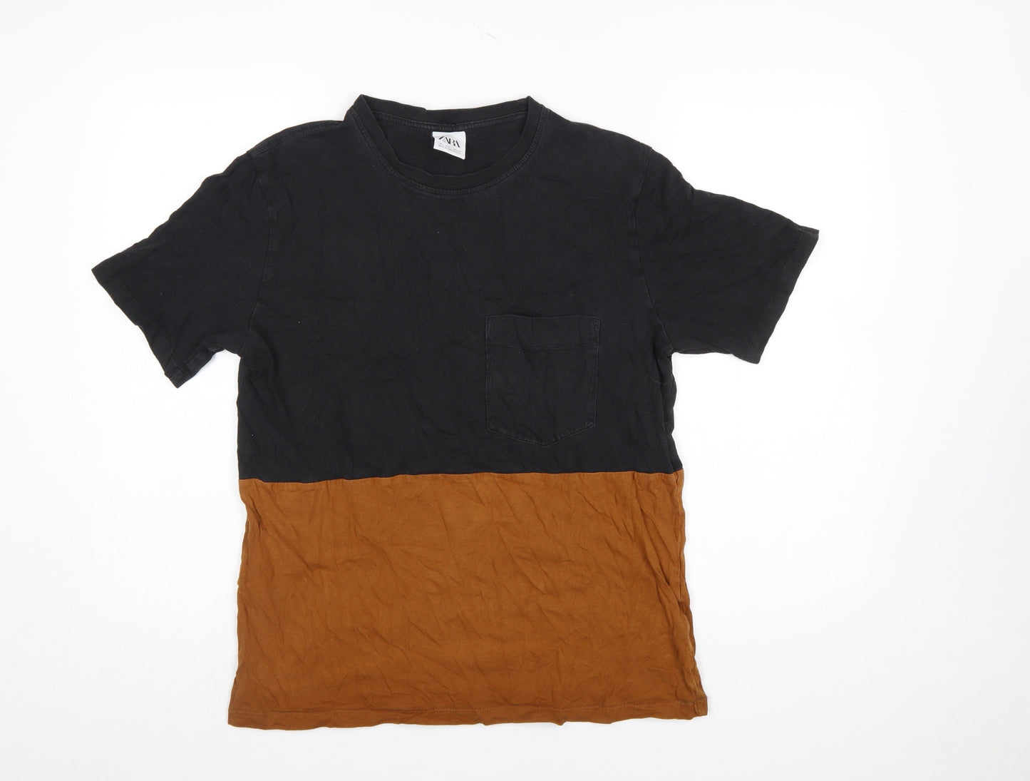 ZARA Men's Black Brown Colourblock Cotton T-Shirt Size L