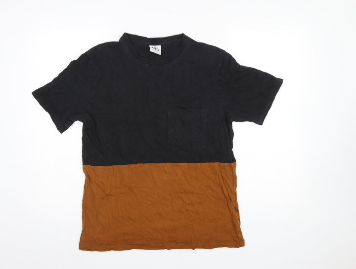 ZARA Men's Black Brown Colourblock Cotton T-Shirt Size L