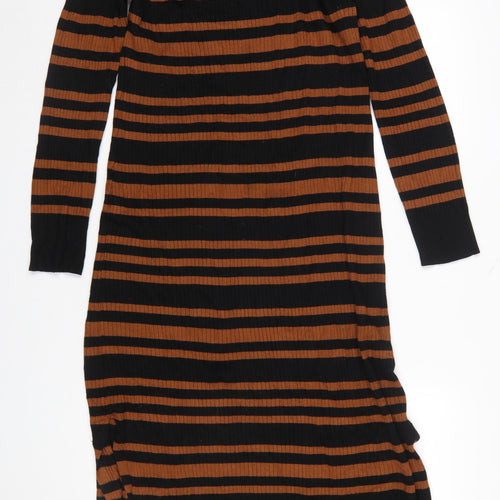 New Look Women’s Brown Black Striped Knit Bodycon Midi Dress Size 16
