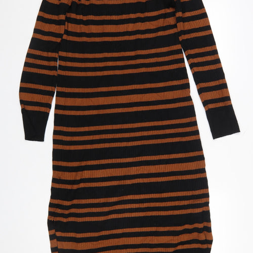 New Look Women’s Brown Black Striped Knit Bodycon Midi Dress Size 16