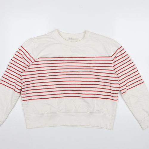 MNG Women Ivory Red Striped Crew Neck Pullover Sweatshirt L