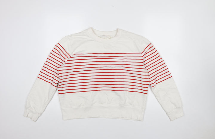 MNG Women Ivory Red Striped Crew Neck Pullover Sweatshirt L