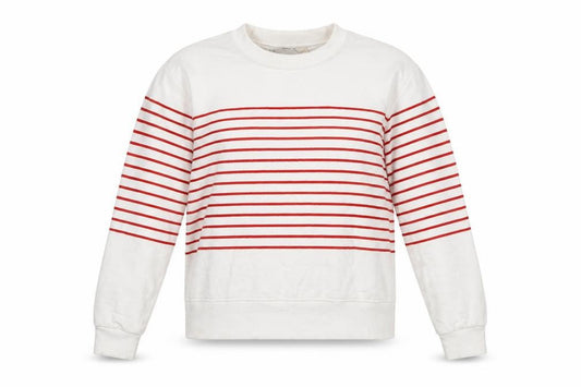 Front view of Mango Women Ivory Red Striped Crew Neck Pullover Sweatshirt L
