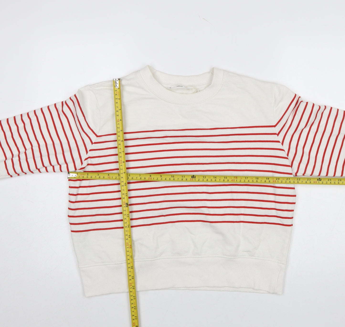 MNG Women Ivory Red Striped Crew Neck Pullover Sweatshirt L