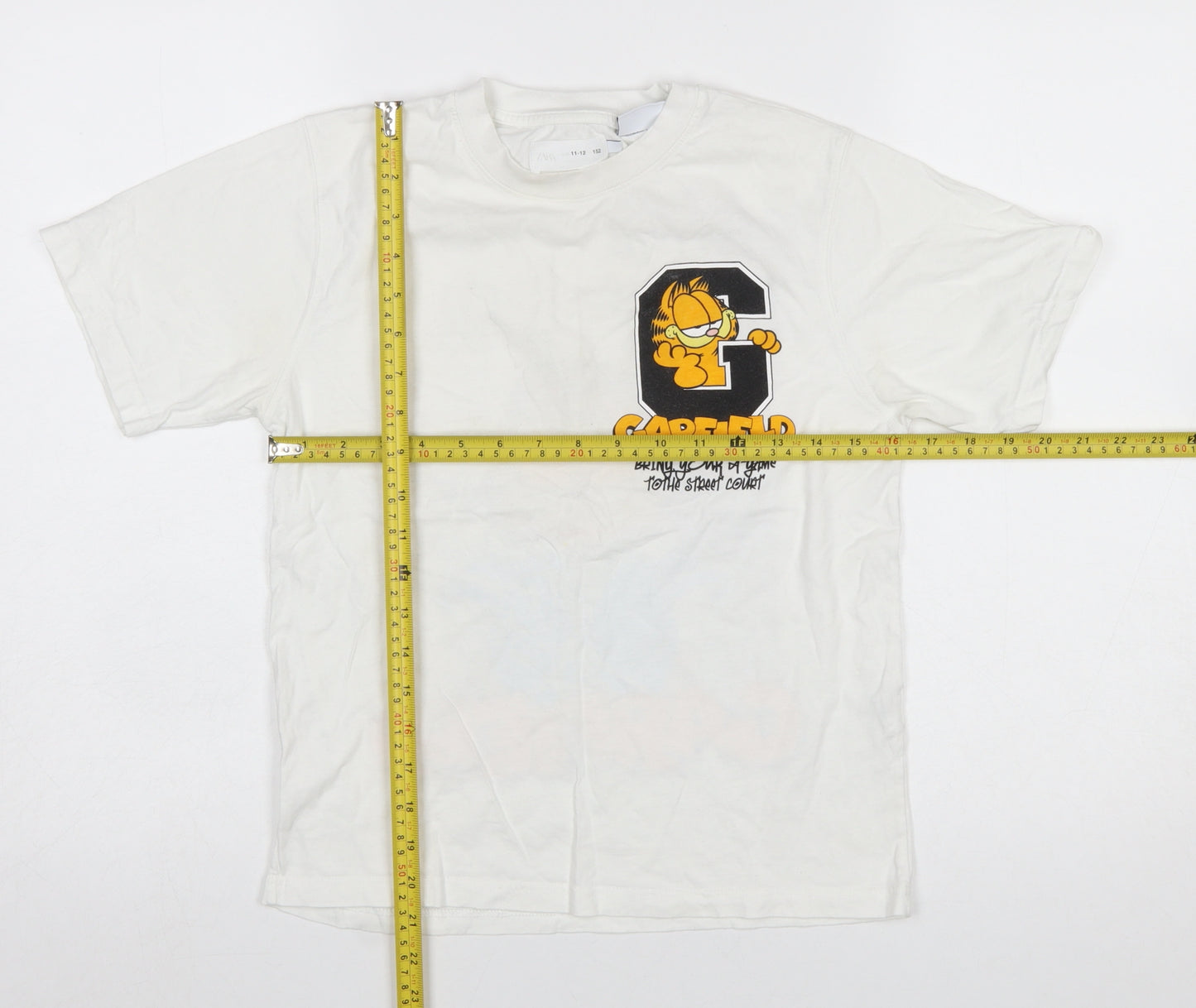 Zara Girls White Garfield Graphic T-Shirt 11-12 Years Casual Cotton Top
