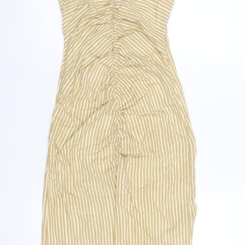 Zara Women Beige Striped Halter Midi Slip Dress XS Woven Linen Cotton