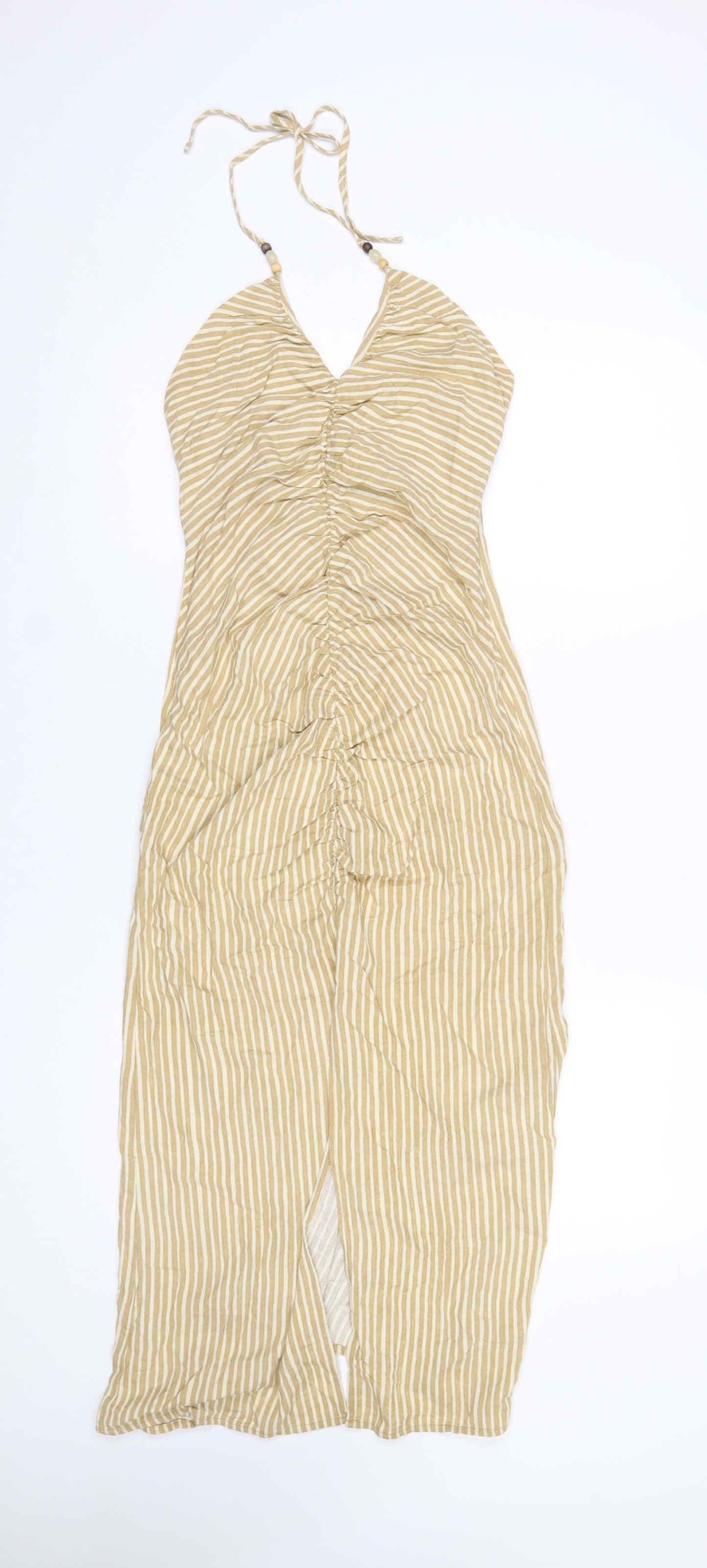 Zara Women Beige Striped Halter Midi Slip Dress XS Woven Linen Cotton
