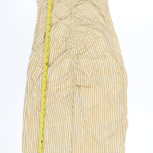 Zara Women Beige Striped Halter Midi Slip Dress XS Woven Linen Cotton