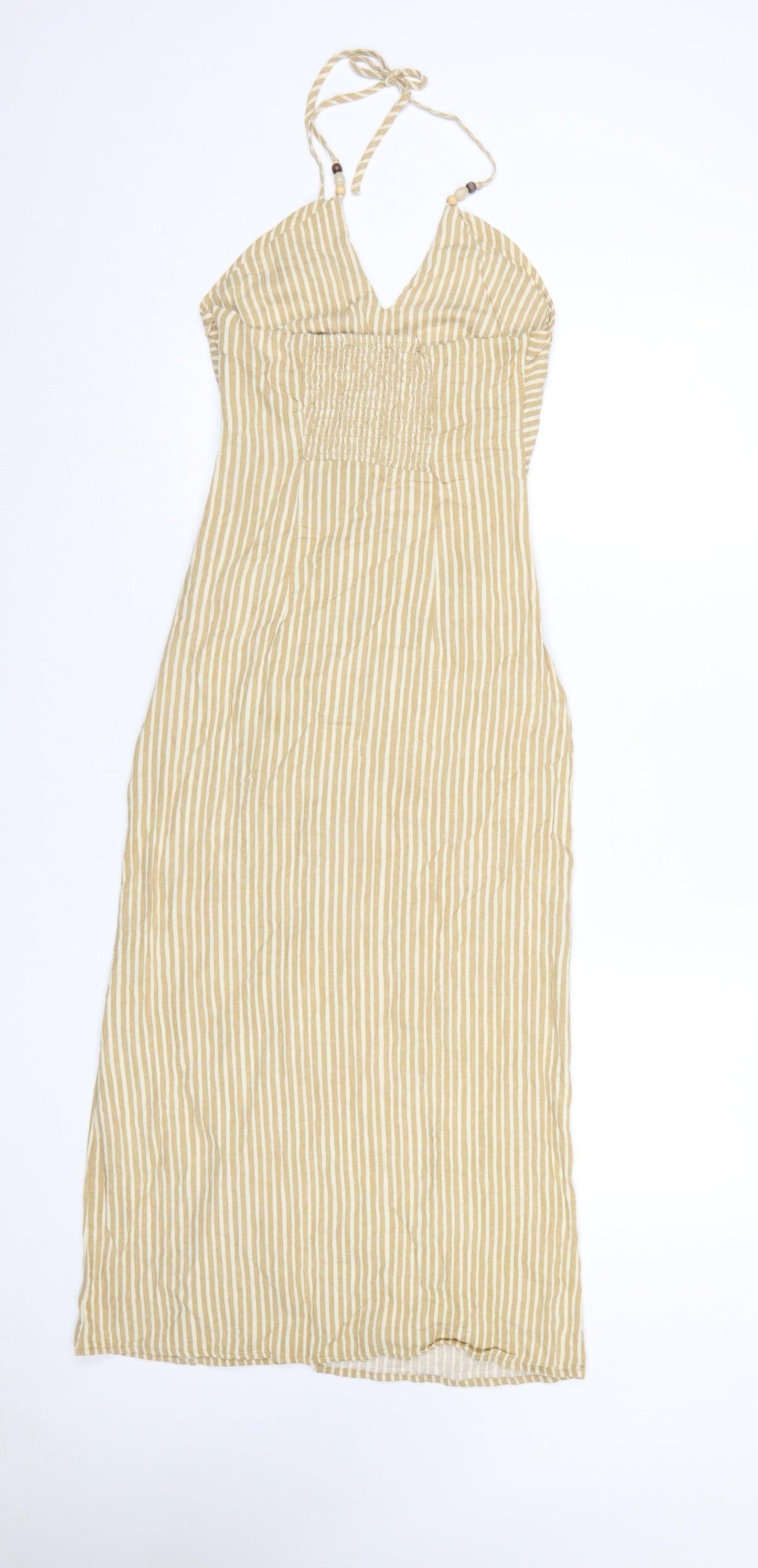Zara Women Beige Striped Halter Midi Slip Dress XS Woven Linen Cotton